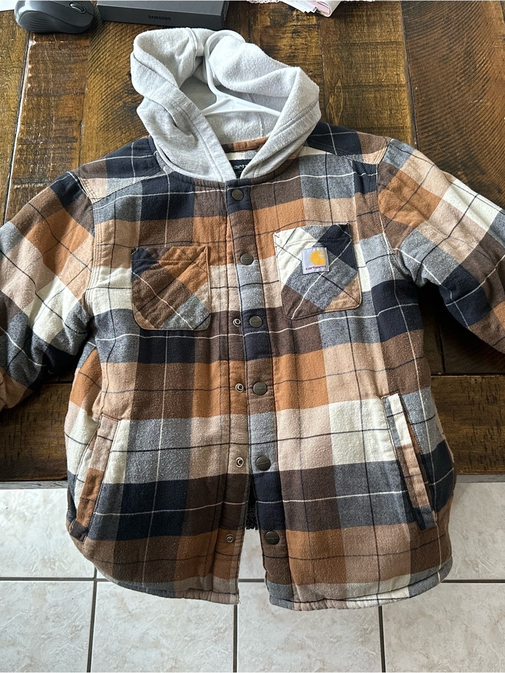 Carhartt Kids Plaid Hooded Puffer Jacket in Brown, Gray & Cream